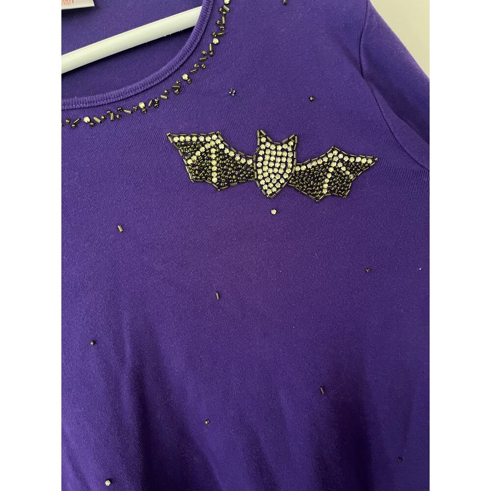 Quacker Factory Purple Halloween Bat Rhinestone Top Size L 3/4 Sleeve - Picture 2 of 6